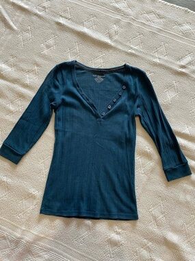 Equipment Teal Ribbed Henley Long Sleeve Top